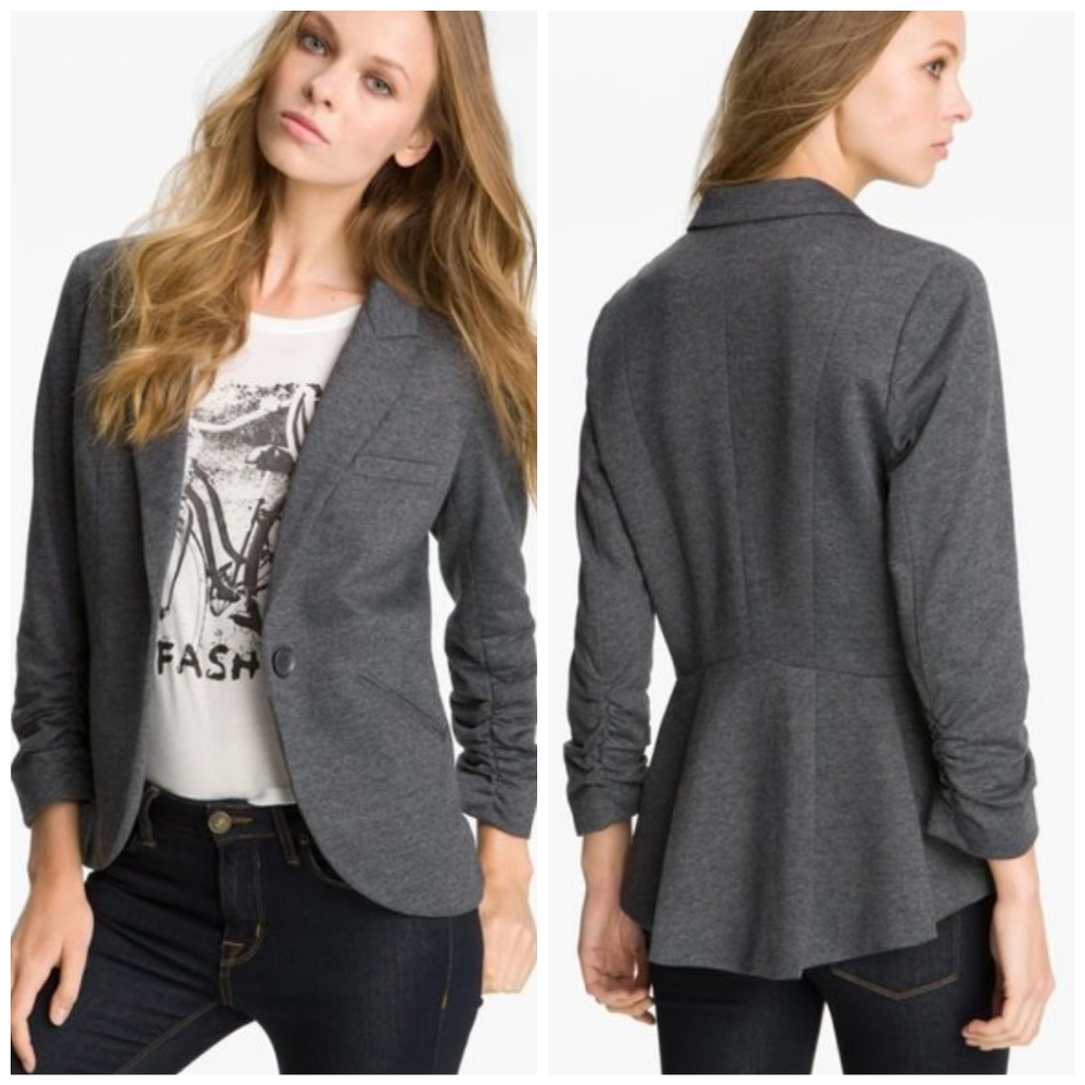 Gibson Blazer Ruched Sleeve Stretch Gray Knit S